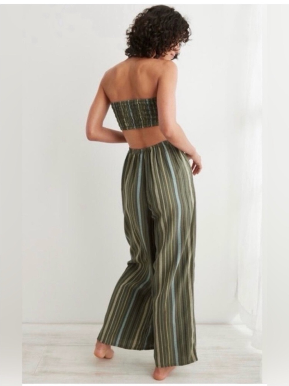 Aerie Strapless Smocked Linen Blend Green Jumpsuit size Small